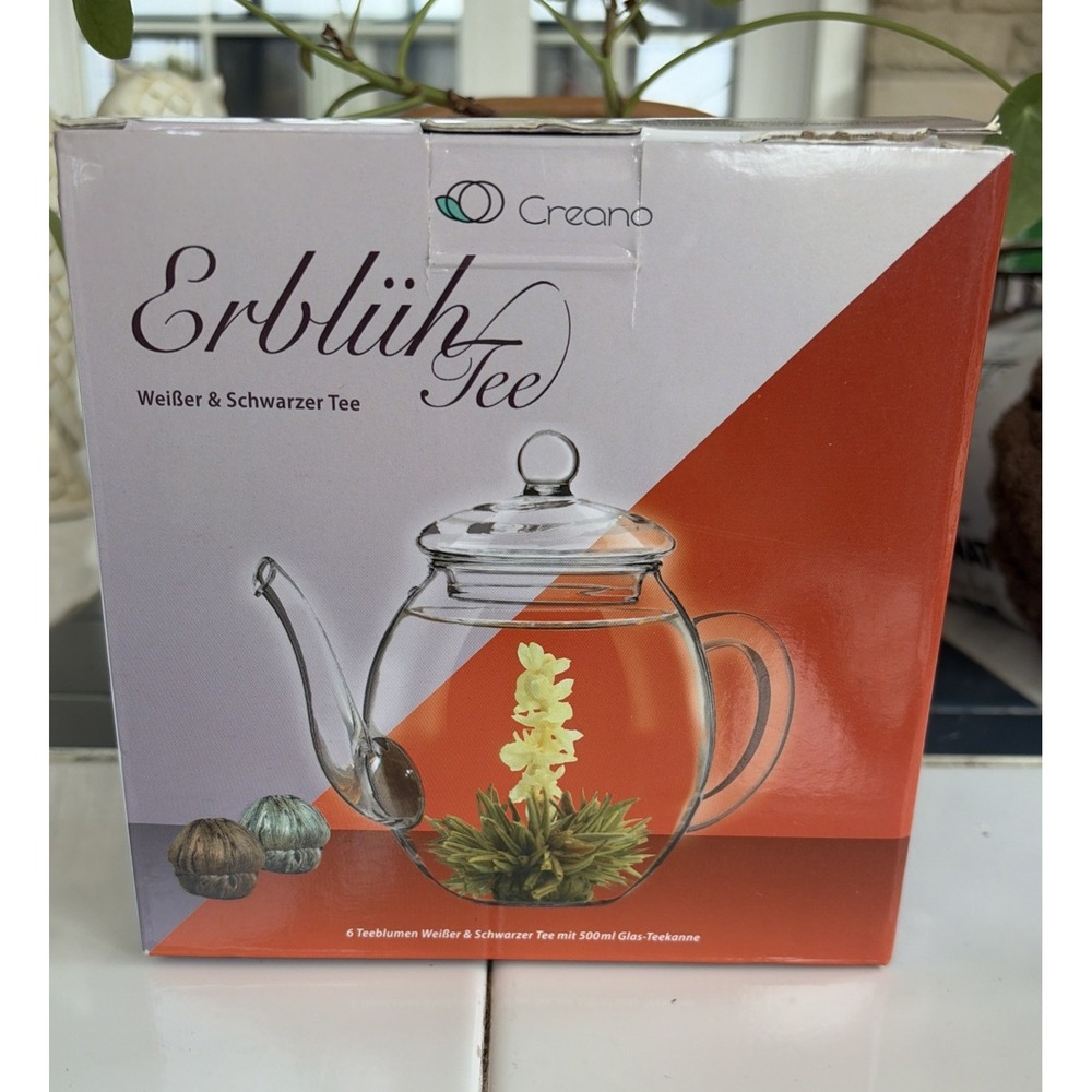 Cream Blooming Tea Gift Set with Glass Teapot 16.9oz / 6 Pcs White & Black Tea